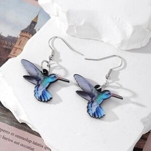Blue Hummingbird Acrylic Drop Earrings Silver Tone Fishhook Nature Jewelry